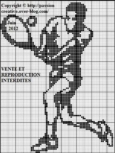 a cross stitch pattern with a man holding a tennis racquet in his hand