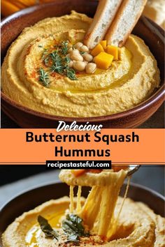 hummus is being served in a bowl with cheese and herbs on top, along with the words delicious butternut squash hummus