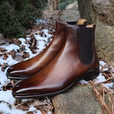 Winter Goodyear Welted Chelsea Boots With Moc Toe, Goodyear Welted Chelsea Boots Plain Toe For Fall, Winter Chelsea Boots With Goodyear Welt And Snip Toe, Goodyear Welted Snip Toe Chelsea Boots For Winter, Brown Chelsea Boots Men Outfit, Learn Yoga Poses, Boots Cognac, African Dresses Men, Mens Dress Boots