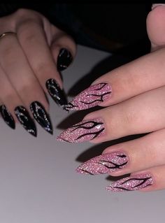 Colorful Sparkly Nails, Goth Glitter Nails, Barbenheimer Nails, Bright Color Acrylic Nails, Pink And Black Nails Almond, Cute Sparkly Nails, Sparkly Nail Ideas, Black And Glitter Nails, Black Glitter Nails