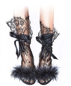 a drawing of two legs with lace and feathers on them