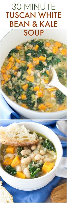 two bowls filled with white bean and kale soup on top of a blue table cloth