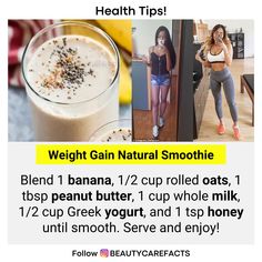 an ad for weight gain natural smoothie with pictures of the ingredients and instructions to make it