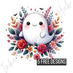 a white ghost surrounded by flowers and leaves with the text 5 free designs on it