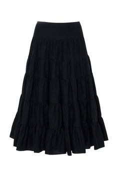 The Devotion Twins Eliana Skirt 024.317G | Black is the perfect combination of playful and timeless. With its ruffles and staple elements, it's the perfect piece to add effortless style to any look. Elevate your everyday wardrobe with this eye-catching yet versatile skirt. Syle: 024.317GMade in Greece Back Model, Belted Cardigan, Black Midi Skirt, Tier Skirt, Cotton Skirt, S 10, Everyday Wardrobe, Cardigan Coat, Coat Dress