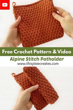 two photos showing how to crochet an alpine stitch potholder with text overlay that reads, free crochet pattern & video