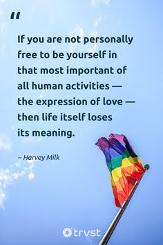 a rainbow flag flying in the sky with a quote from harvey milk