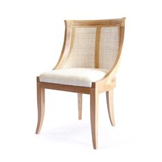 a wooden chair with a white upholstered seat and backrest, on a white background