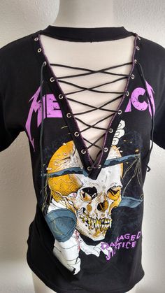 Distressed Lace Up Rock Metal Band Top T Shirt by CustomStudded Spring Grunge T-shirt For Alternative Fashion, Distressed Rock T-shirt For Streetwear, Edgy Festival T-shirt With Crew Neck, Grunge T-shirt For Fall Music Festival, Distressed Punk T-shirt, Edgy Acid Wash T-shirt For Alternative Fashion, Distressed Rock Style Crew Neck Top, Edgy T-shirt For Spring Alternative Fashion, Edgy T-shirt For Alternative Fashion In Spring