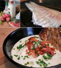 four different pictures with food in them including fish, ranch dressing and vegetables on the side