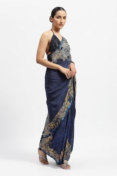 Royal blue saree featuring floral bloom print all over embellished with lace work. Paired with a running blouse piece. - Aza Fashions Blue Silk Pre-draped Saree With Floral Embroidery, Elegant Evening Saree With Floral Embroidery, Elegant Floral Embroidered Saree For Evening, Elegant Floral Embroidered Evening Saree, Evening Saree With Floral Embroidery, Elegant Pre-draped Saree With Floral Embroidery In Art Silk, Elegant Cotton Silk Pre-draped Saree With Floral Embroidery, Elegant Pre-draped Saree With Floral Embroidery For Eid, Elegant Floral Embroidered Pre-draped Saree For Eid