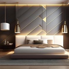 a modern bedroom with gold accents and white bedding, along with two lamps on either side of the bed