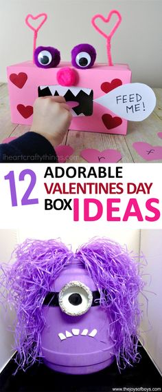 two pictures with the words adorable valentine's day box ideas and an image of a purple