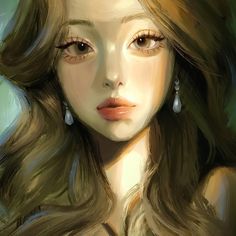 a digital painting of a woman's face with long, wavy hair and earrings