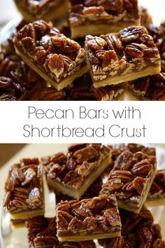 pecan bars with shortbread crust are stacked on top of each other and ready to be eaten