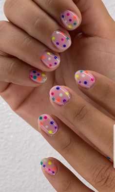 Blooming Gel Nail Art 4th Of July, Clear Polka Dot Nails, Simple Nail Designs With Dots, Colorful Dip Nails, Girls Manicure Ideas Little, Simple Spring Nails Square, Polka Dot Nails Acrylic, May Dip Nails, Cute February Nails Short