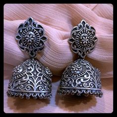 Pewter Beautifully Decorated Bell Shaped Earrings Ornate Jhumkas For Pierced Ears, Elegant Silver Metal Jhumkas, Vintage Jhumkas For Wedding, Elegant Oxidized Finish Dangle Jhumkas, Formal Silver Jhumkas, Elegant Silver Jhumkas, Bell Earrings, Earrings Color, Jewelry Earrings