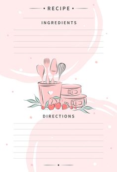 a recipe card with utensils in a pink cup and the words, recipe ingredients directions