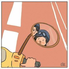 a drawing of a person in a motorcycle helmet looking at himself in the side mirror