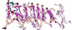 a group of men in purple uniforms running