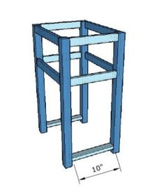 a blue wooden table with measurements for the top and bottom section, including one shelf