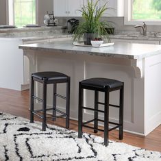 two stools in front of an island with a potted plant on the counter