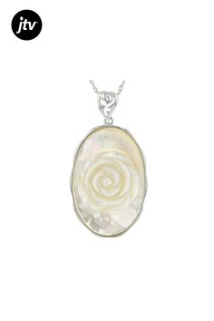 Pacific Style��� 45x30mm Hand Carved oval white mother-of-pearl rhodium over sterling silver rose pendant with chain. Measures approximately 2 3/8"L x 1 1/4"W. 3.5mm bail. Lobster claw clasp. 2" extender. White Oval Mother Of Pearl Necklace, White Mother Of Pearl Oval Necklace, Oval White Mother Of Pearl Necklace, Oval Mother Of Pearl Jewelry For Anniversary, Formal White Jewelry With Rose Design, Formal White Rose Design Jewelry, Elegant Oval White Jewelry With Mother Of Pearl, Elegant White Oval Mother Of Pearl Jewelry, Rose Pendant