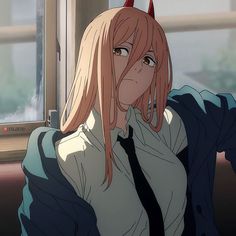 an anime character with long hair and horns on her head