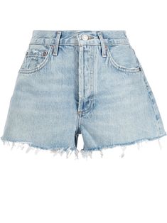 Encore blue cotton Parker denim shorts from AGOLDE featuring belt loops, mid-rise, raw-cut hem, button fly fastening, classic five pockets and thigh-length. Shorts White Background, Collage Supplies, Dress Colors, Coastal Granddaughter, Online Closet, Outfit Collage, Light Blue Shorts, Designer Denim, Ripped Shorts