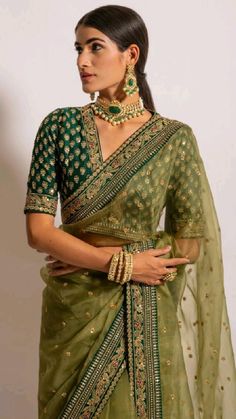 Green Organza Saree, Green Blouse Designs, Fashionable Saree Blouse Designs, Indian Saree Blouse, Embroidered Saree, Elegant Blouse Designs, Fashion Goals