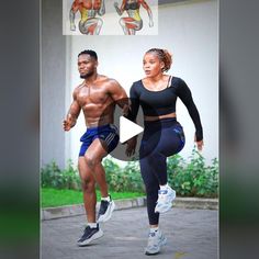 a man and woman running together in the street with muscles on their back, behind them is an ad for bodybuilding