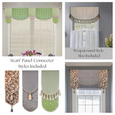 four different styles of curtains and valances in the same color as shown above them