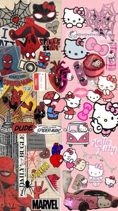 a collage of various stickers and decals on a pink background with hello kitty