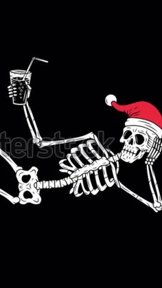 a skeleton with santa claus hat on it's head and another skeleton in the background