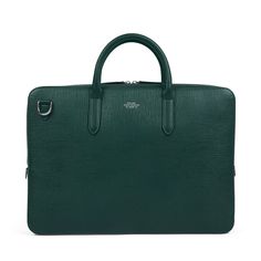 Lightweight Slim Briefcase in Panama in forest | Smythson Luxury Briefcase For Men, Classic Saffiano Leather Briefcase, Timeless Textured Leather Briefcase For Business, Business Briefcase With Detachable Strap In Saffiano Leather, Business Briefcase In Saffiano Leather With Detachable Strap, Luxury Formal Laptop Bag With Detachable Strap, Classic Briefcase In Saffiano Leather With Palladium Hardware, Designer Saffiano Leather Briefcase For Formal Use, Saffiano Leather Briefcase With Palladium Hardware