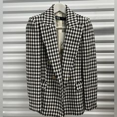 Size: Xs Brand New With Tags; Unused. Discontinued Style White Tweed Business Jacket For Fall, Classic White Houndstooth Blazer, Zara Houndstooth Blazer For Fall, Zara Houndstooth Outerwear For Work, Zara Houndstooth Blazer For Office, Zara Plaid Blazer For Office, Fitted White Houndstooth Blazer, Fitted Gingham Blazer For Fall, White Houndstooth Blazer For Workwear