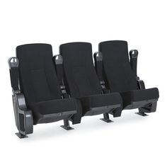 four black seats with metal legs and arm rests are lined up against each other