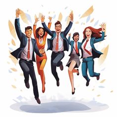 a group of business people jumping in the air with their arms up and hands in the air