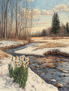 a painting of flowers in the snow by a stream with trees and grass on either side