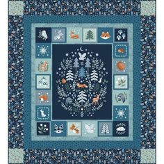 a blue quilt with animals and trees on the front, surrounded by snowflakes