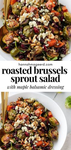 an easy roasted brussel sprout salad with maple balsamic in a white bowl