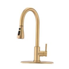 the kitchen faucet is shown in gold, and has an adjustable goose head