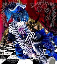 an anime character sitting on top of a checkered floor