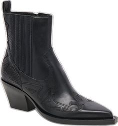 Western Style Black Leather Chelsea Boots, Western Black Leather Chelsea Boots, Black Leather Western Chelsea Boots, Edgy Black Pointed Toe Chelsea Boots, Edgy Black Chelsea Boots With Pointed Toe, Black Edgy Snip Toe Heeled Boots, Western Style Black Heeled Boots For Rodeo, Black Western Style Heeled Boots For Rodeo, Black Snip Toe Heeled Boots Edgy Style