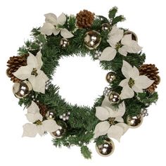 a christmas wreath with white poinsettia and silver bells on it's side