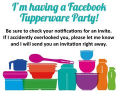 an image of a facebook party with pots and pans on the table, text reads i'm having a facebook tupperware party be sure to check your notification for an