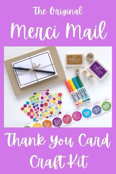 the original merci mail thank you card craft kit is on display with its contents