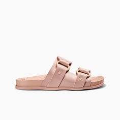 Women's Cushion Vera Cruz Slides in Cameo Rose | REEF® Chic Footbed Sandals With Adjustable Strap For Vacation, Chic Vacation Footbed Sandals With Adjustable Strap, Double Strap Footbed Sandals For Vacation, Trendy Double Strap Cushioned Footbed Sandals, Trendy Double Strap Slides With Cushioned Footbed, Comfortable Double Strap Footbed Sandals, Trendy Double Strap Slides For Vacation, Chic Everyday Synthetic Sandals, Chic Double Strap Footbed Sandals With Buckle