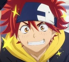 an anime character with red hair wearing a cap and yellow hoodie looking at the camera