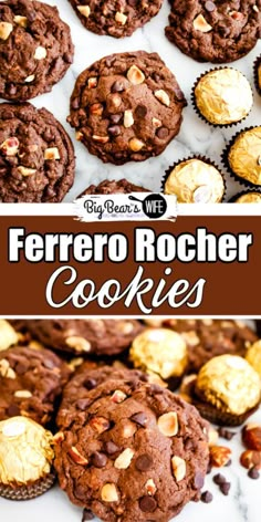 a collage of different chocolate cookies and muffins with the words ferreto rocher cookies